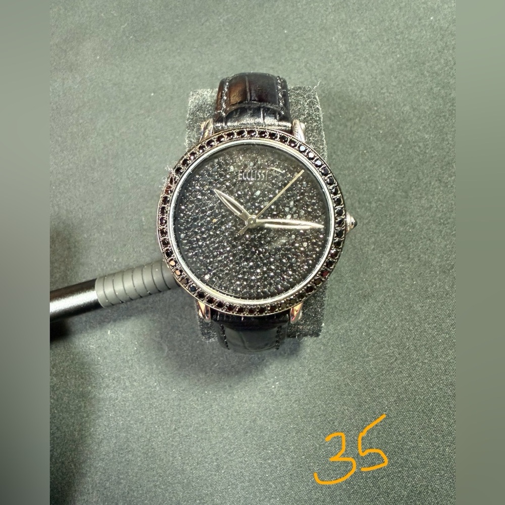 PRICE FIRM Ecclissi Wrist Watch Pavé Black Spinel Leather 5.3ct Sterling 23990